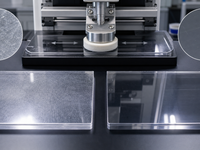 Abrasion test comparing hazed uncoated polycarbonate with a clearer hard-coated polycarbonate surface