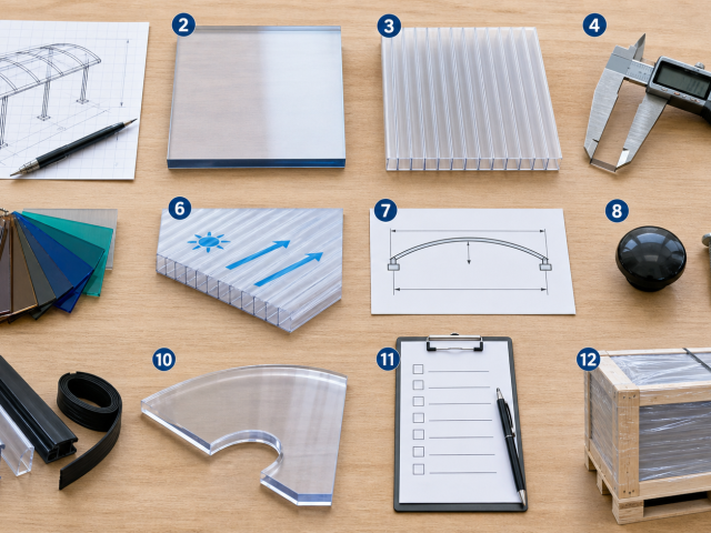 Engineering workbench showing twelve decisions required before ordering polycarbonate sheet