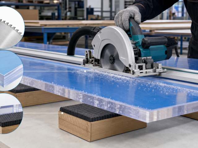 Circular saw cutting a fully supported clear polycarbonate sheet with a fine-tooth blade