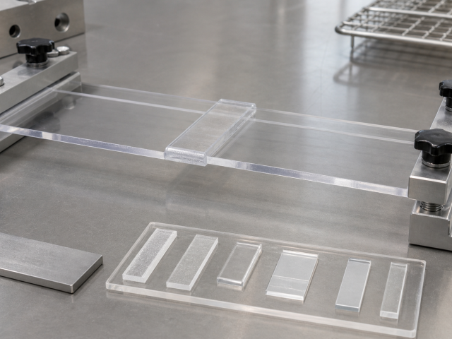 Clear polycarbonate lap-joint coupons held in a controlled bonding fixture for compatibility testing