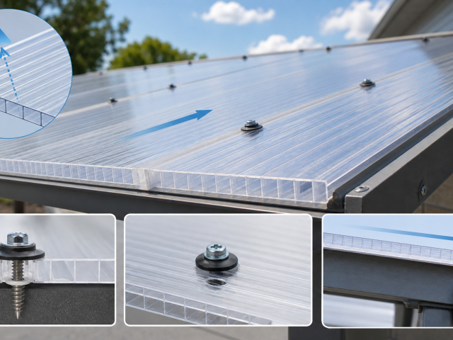 Polycarbonate roof panel installation showing UV orientation, oversized holes, EPDM washers and drainage slope