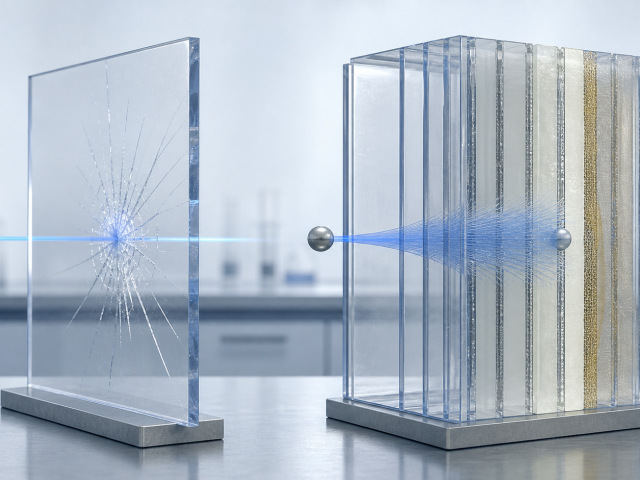 Ordinary single polycarbonate sheet compared with a thick multilayer bullet-resistant transparent glazing assembly