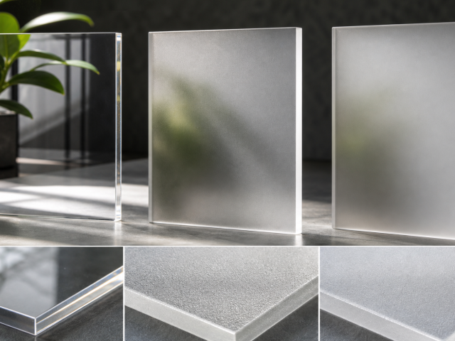 Glossy clear, textured matte and frosted translucent acrylic sheet samples under side lighting