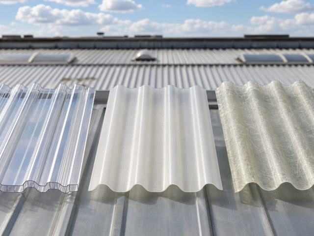 Clear polycarbonate, translucent PVC and fiberglass reinforced plastic roofing samples