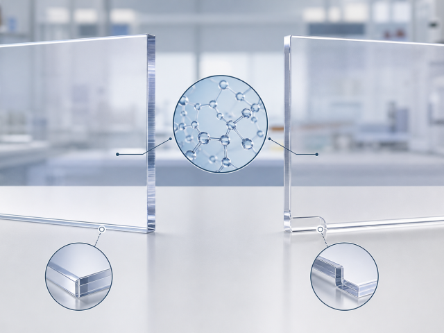 Two clear acrylic panels illustrating that Plexiglass is a brand name within the acrylic material family