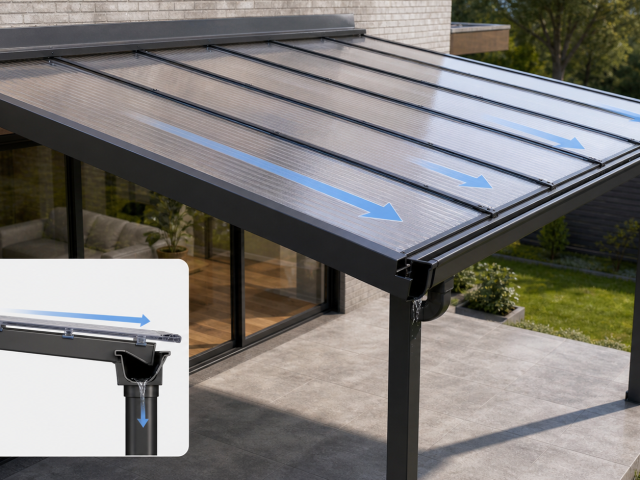 Low-slope polycarbonate canopy with positive drainage to a gutter and supported panel edges