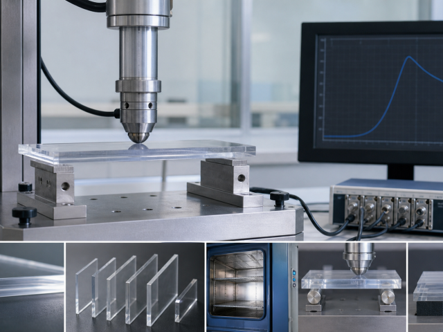 Instrumented laboratory test measuring the load response of a clear polycarbonate sheet specimen