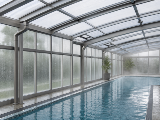 Humid indoor swimming pool enclosure with supported polycarbonate roof and wall panels