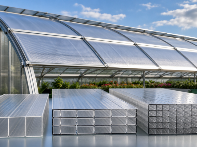 Twin-wall, triple-wall and multiwall polycarbonate cross-sections in front of a greenhouse