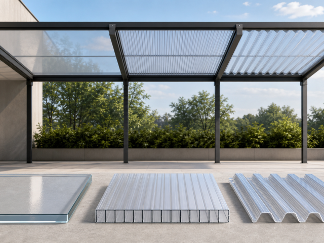Solid, multiwall and corrugated polycarbonate roofing samples shown with a supported canopy